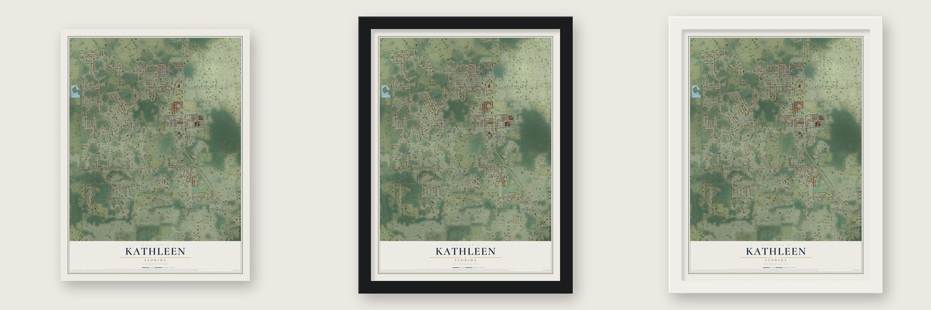 Kathleen, Florida map unframed, in a black wood frame and in a white wood frame