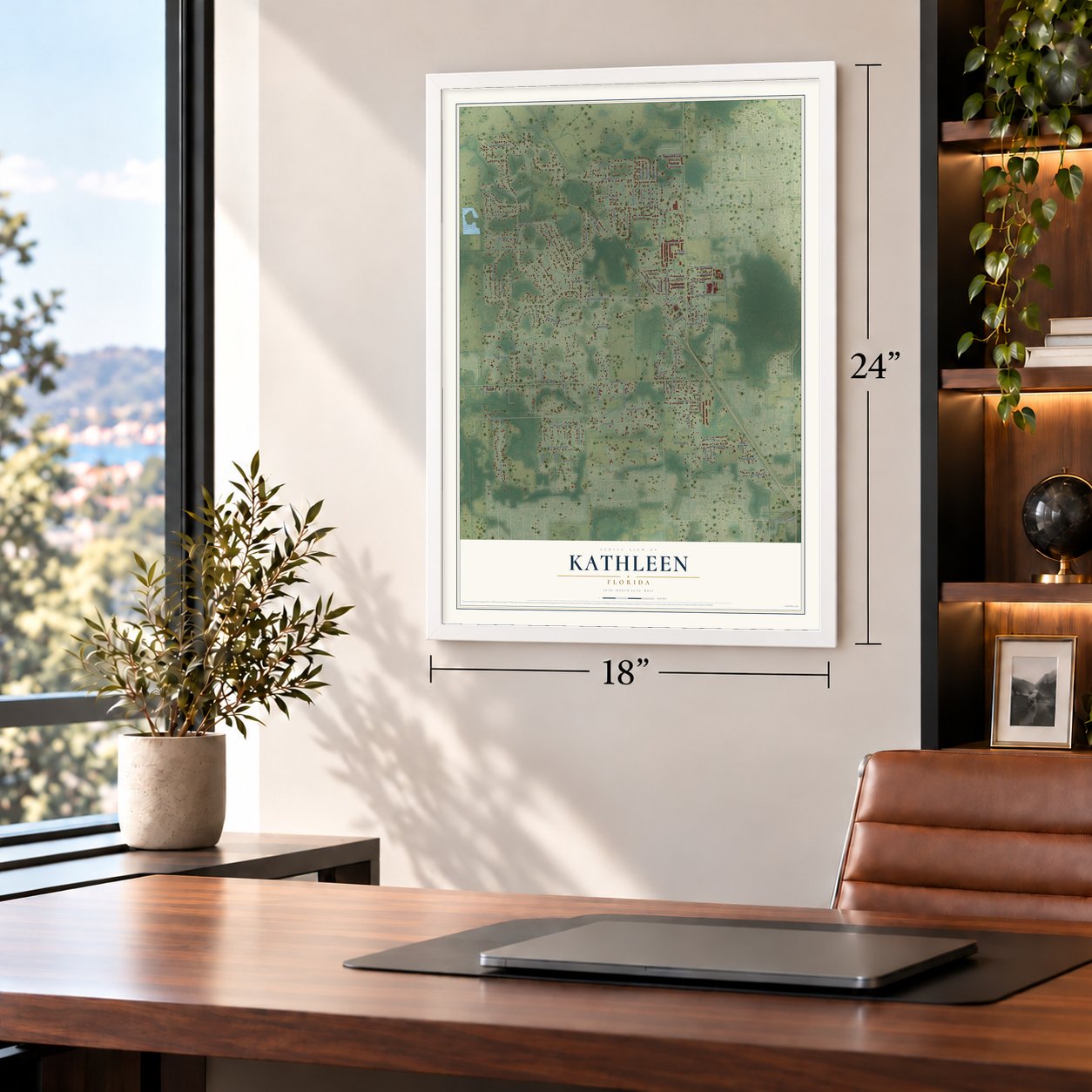 Kathleen, Florida map, 18 x 24 inch print in a white frame in a home office