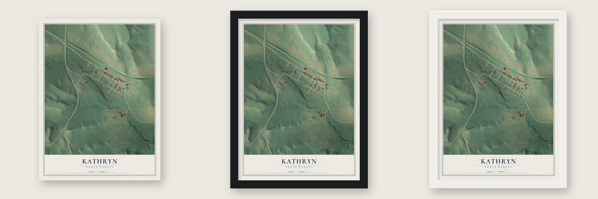Kathryn, North Dakota map unframed, in a black wood frame and in a white wood frame