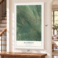 Kathryn, North Dakota map, 24 x 36 inch print in a white frame by a staircase