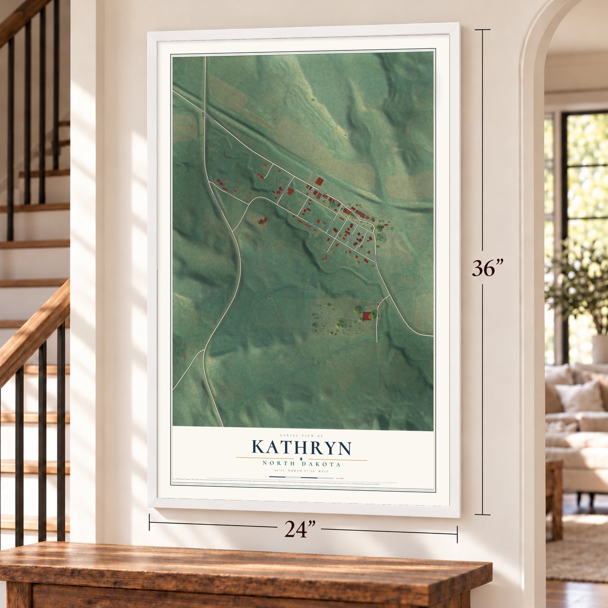 Kathryn, North Dakota map, 24 x 36 inch print in a white frame by a staircase