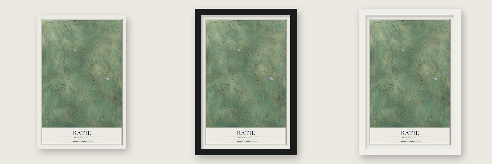 Katie, Oklahoma map unframed, in a black wood frame and in a white wood frame