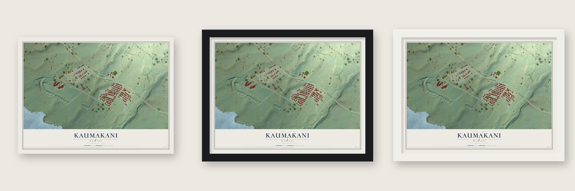Kaumakani, Hawaii map unframed, in a black wood frame and in a white wood frame