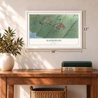 Kaumakani, Hawaii map, 12 x 18 inch print in a white frame in an entryway