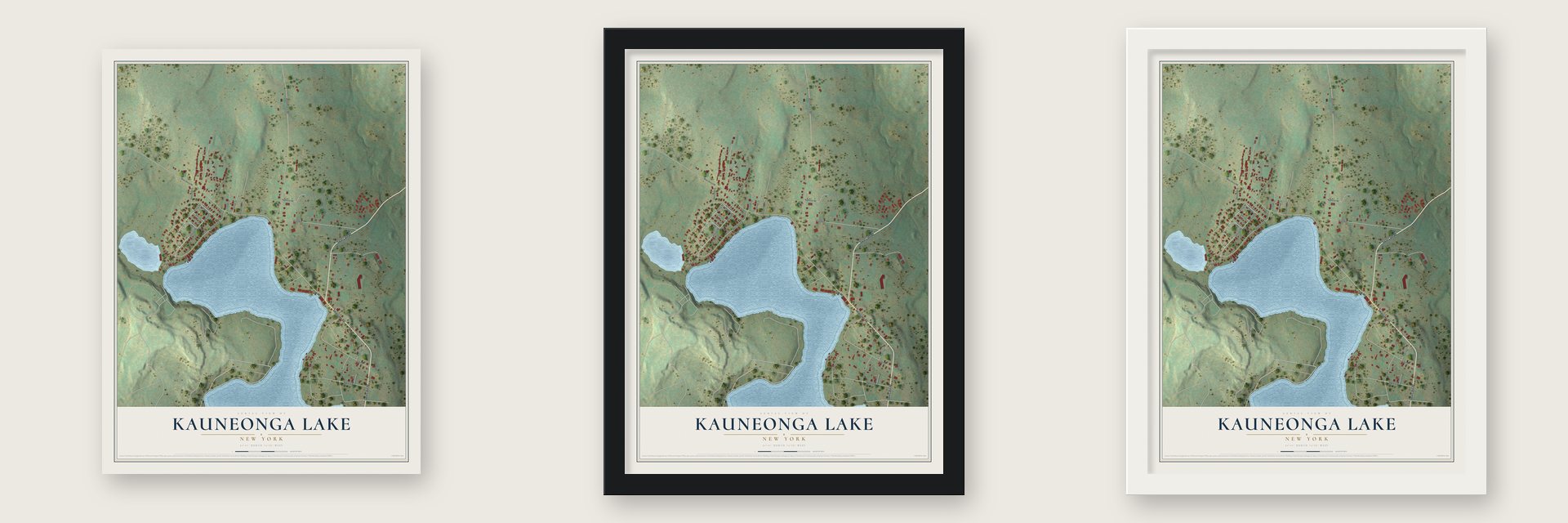 Kauneonga Lake, New York map unframed, in a black wood frame and in a white wood frame