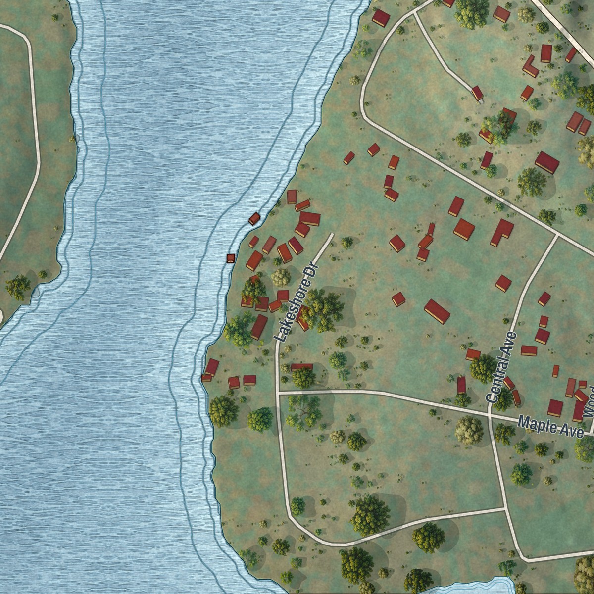 Second close-up of the map of Kauneonga Lake, New York print showing more streets and buildings