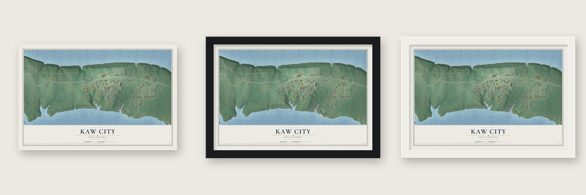 Kaw City, Oklahoma map unframed, in a black wood frame and in a white wood frame