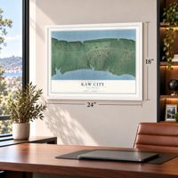 Kaw City, Oklahoma map, 18 x 24 inch print in a white frame in a home office