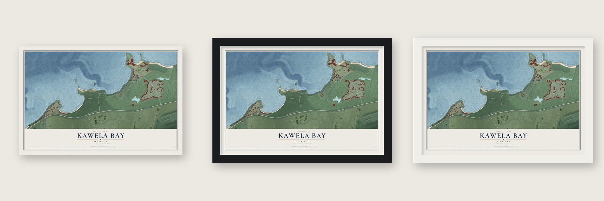 Kawela Bay, Hawaii map unframed, in a black wood frame and in a white wood frame