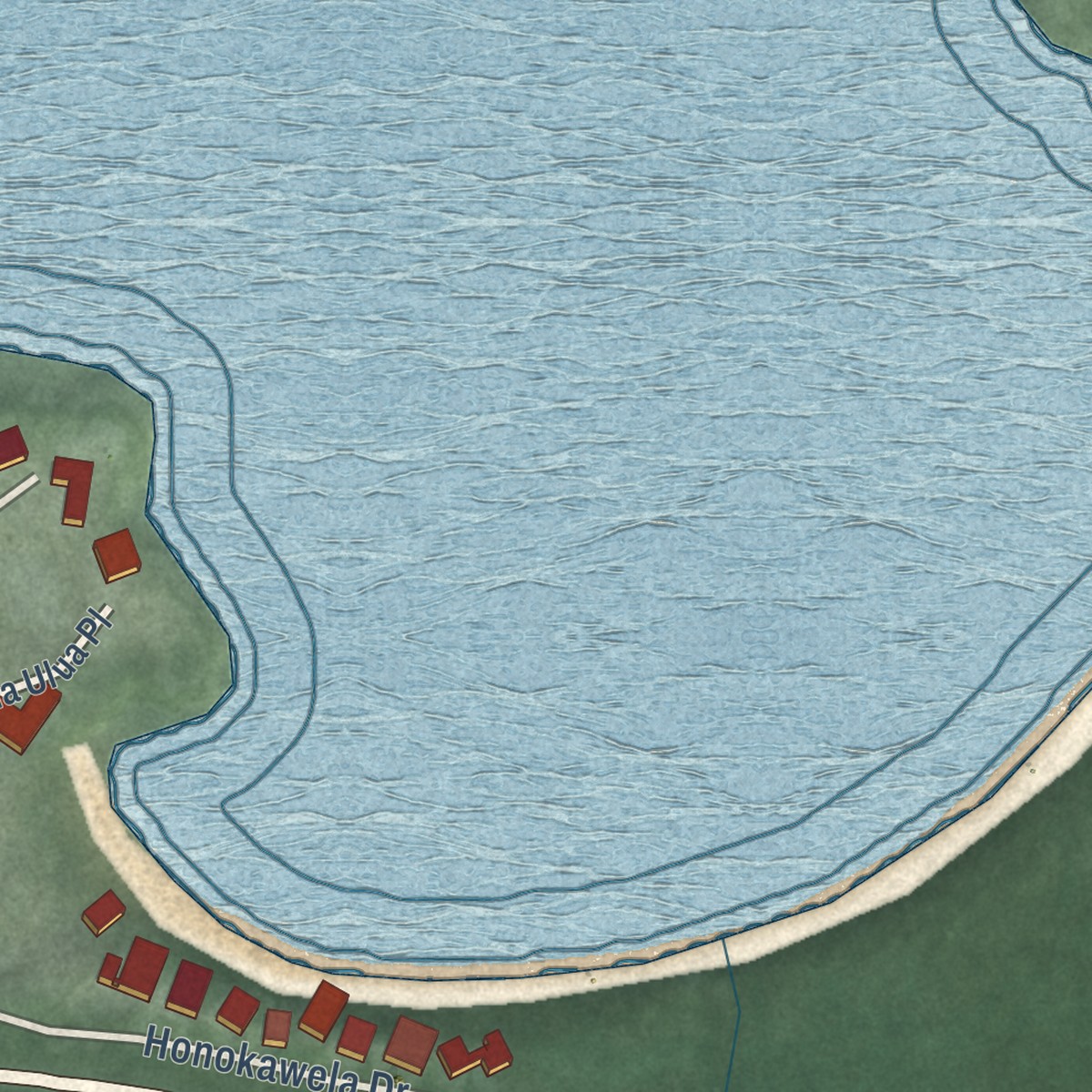 Second close-up of the map of Kawela Bay, Hawaii print showing more streets and buildings