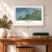 Kawela Bay, Hawaii map, 12 x 18 inch print in a white frame in an entryway