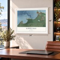 Kawela Bay, Hawaii map, 18 x 24 inch print in a white frame in a home office