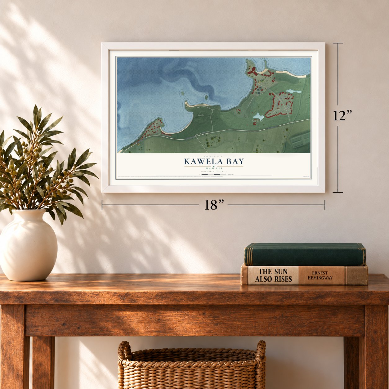Kawela Bay, Hawaii map, 12 x 18 inch print in a white frame in an entryway