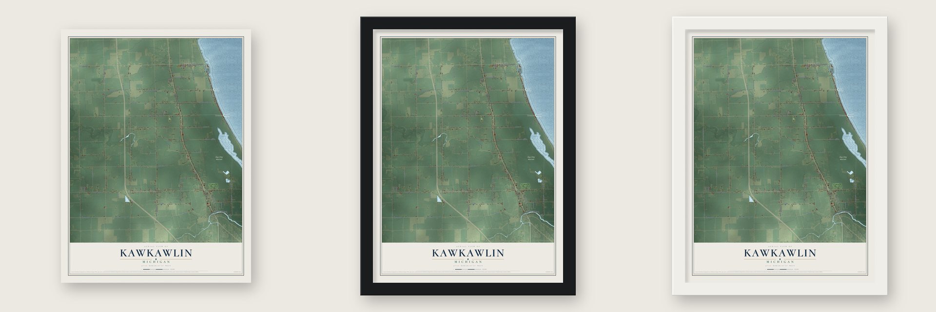 Kawkawlin, Michigan map unframed, in a black wood frame and in a white wood frame