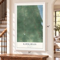 Kawkawlin, Michigan map, 24 x 36 inch print in a white frame by a staircase