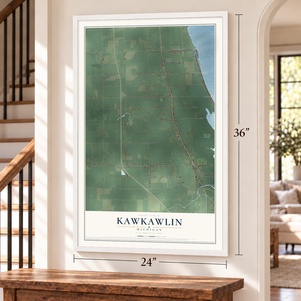 Kawkawlin, Michigan map, 24 x 36 inch print in a white frame by a staircase