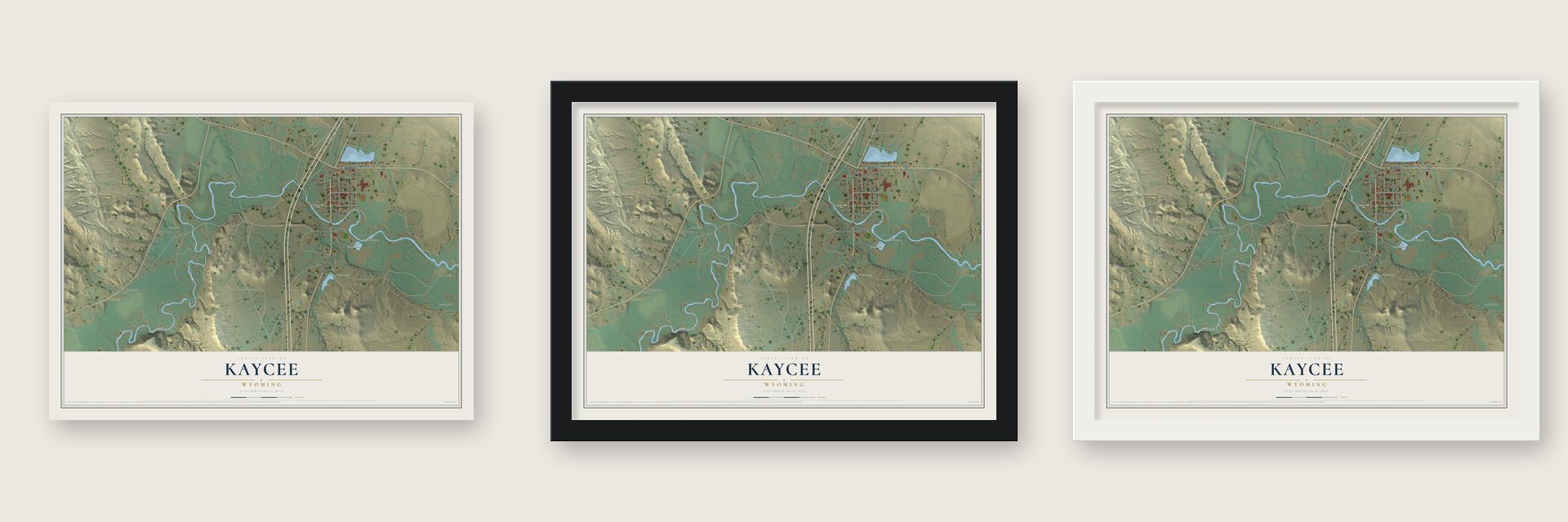 Kaycee, Wyoming map unframed, in a black wood frame and in a white wood frame