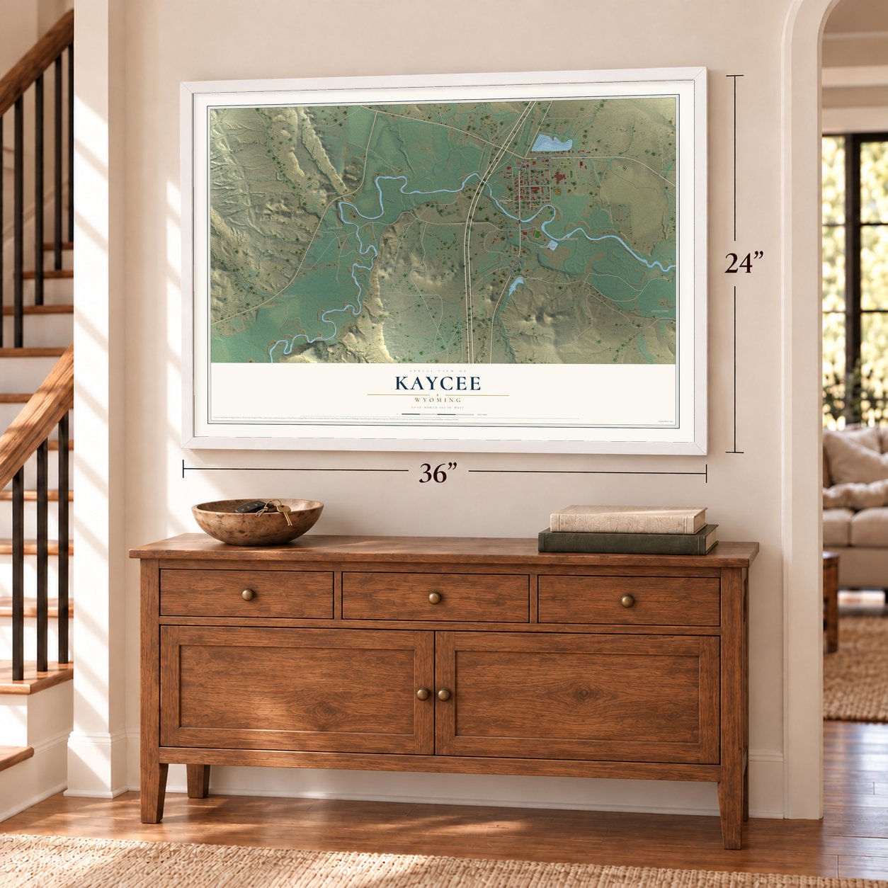 Kaycee, Wyoming map, 24 x 36 inch print in a white frame above a dresser by a staircase