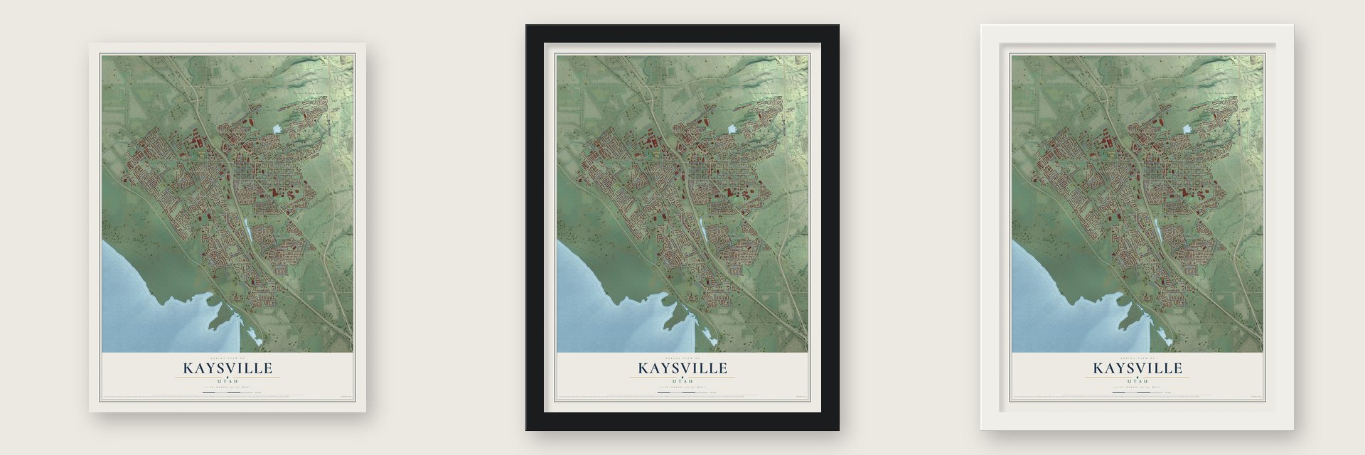 Kaysville, Utah map unframed, in a black wood frame and in a white wood frame