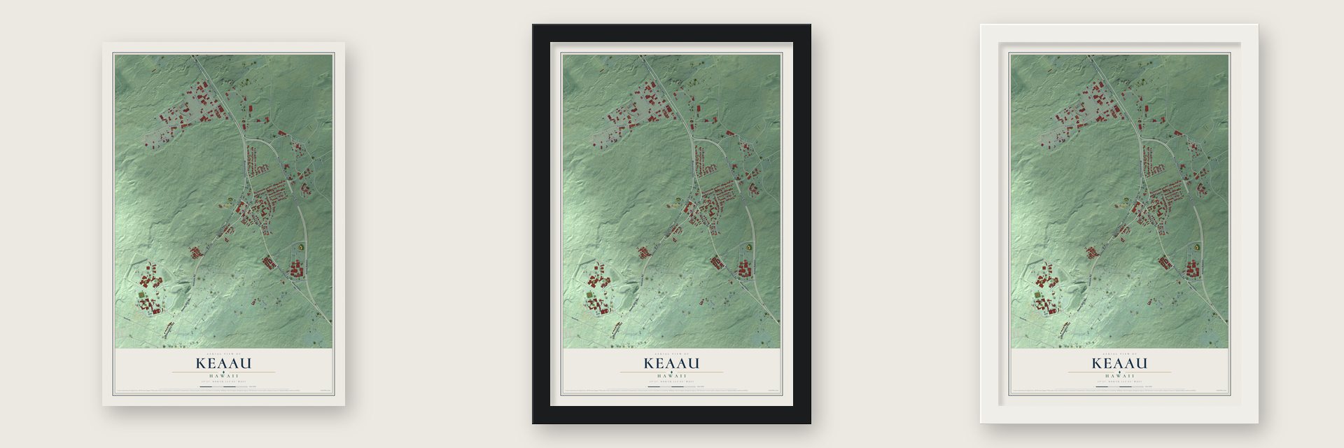 Keaau, Hawaii map unframed, in a black wood frame and in a white wood frame