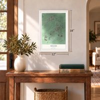 Keaau, Hawaii map, 12 x 18 inch print in a white frame in an entryway