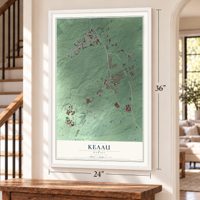 Keaau, Hawaii map, 24 x 36 inch print in a white frame by a staircase