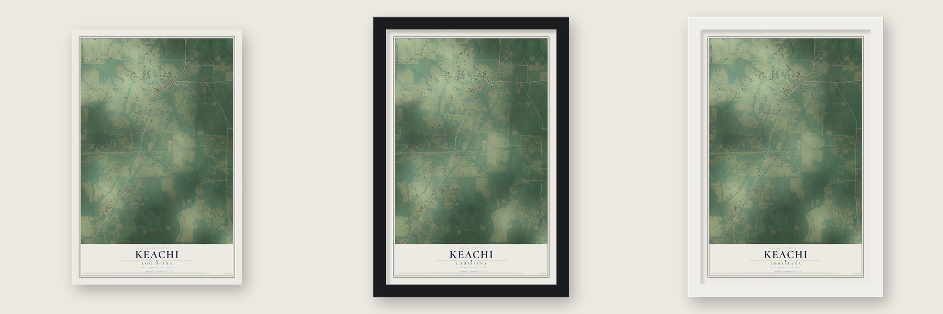 Keachi, Louisiana map unframed, in a black wood frame and in a white wood frame