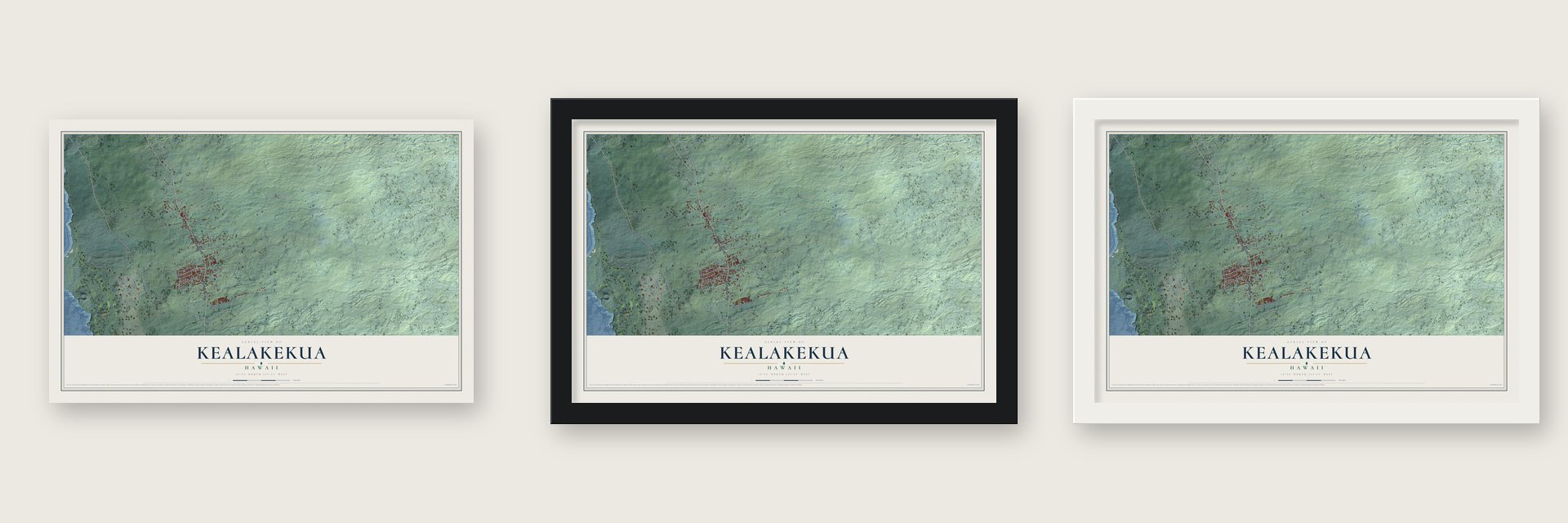 Kealakekua, Hawaii map unframed, in a black wood frame and in a white wood frame