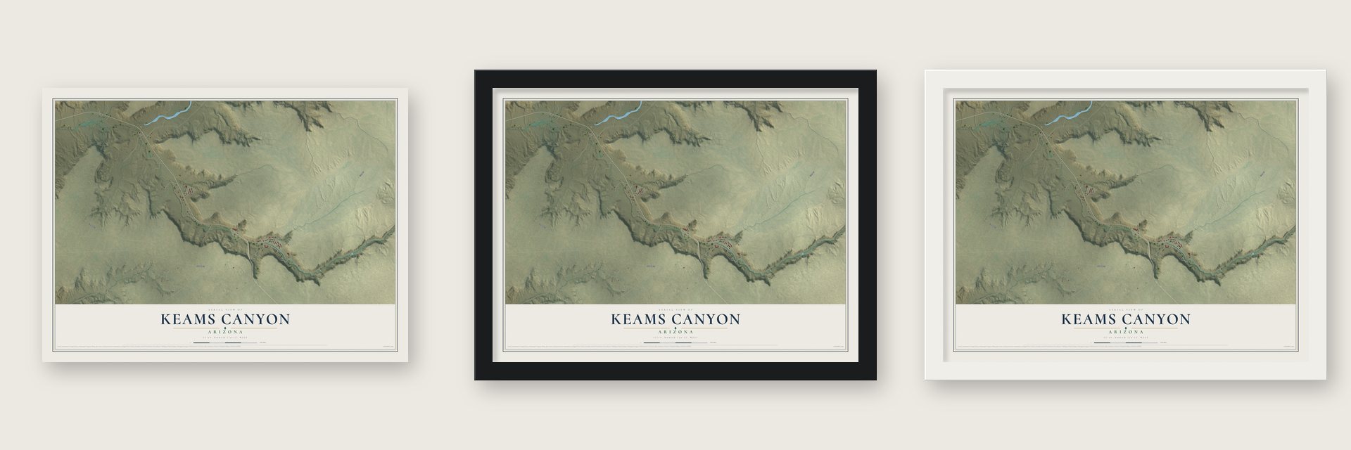 Keams Canyon, Arizona map unframed, in a black wood frame and in a white wood frame