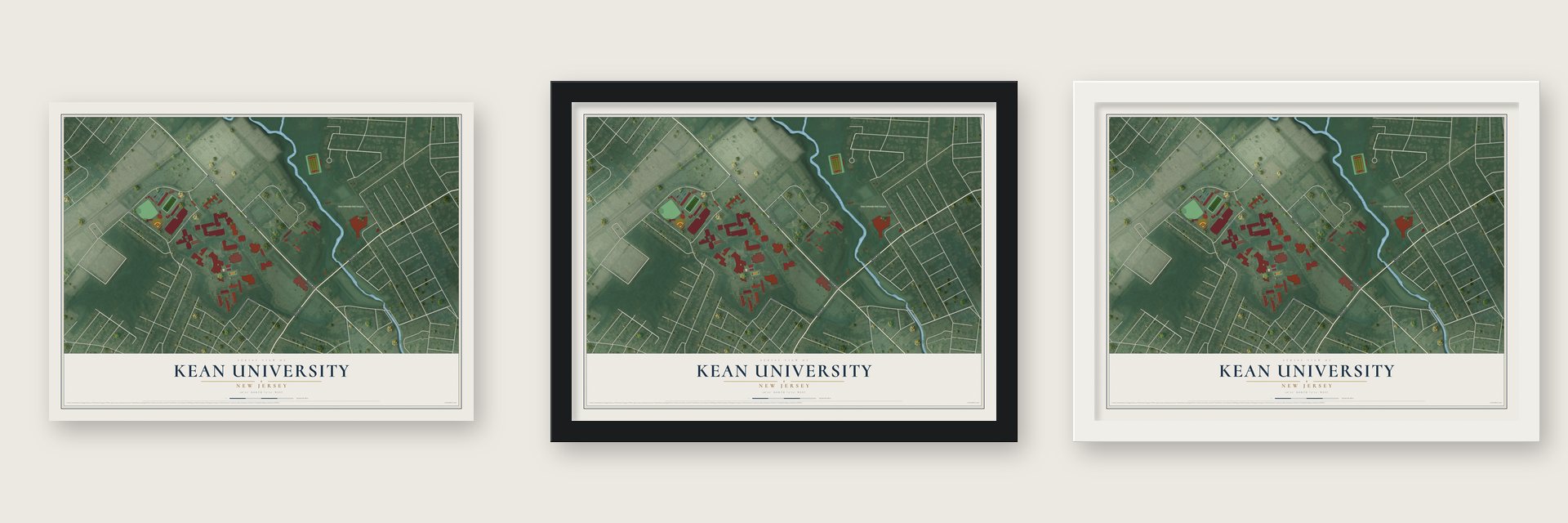Kean University, New Jersey map unframed, in a black wood frame and in a white wood frame