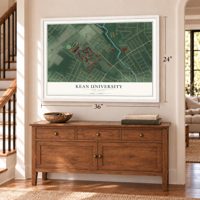 Kean University, New Jersey map, 24 x 36 inch print in a white frame above a dresser by a staircase