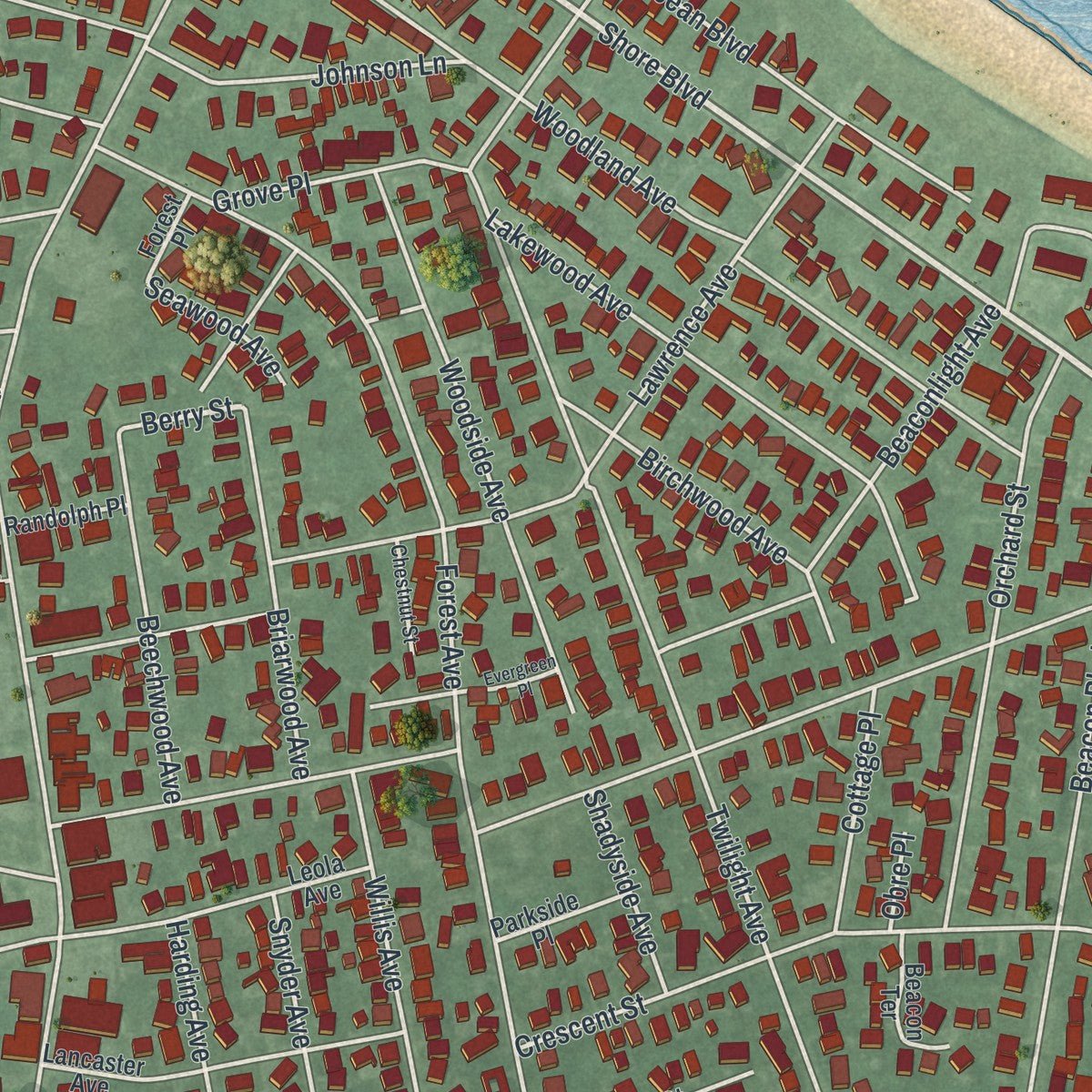 Second close-up of the map of Keansburg, New Jersey print showing more streets and buildings