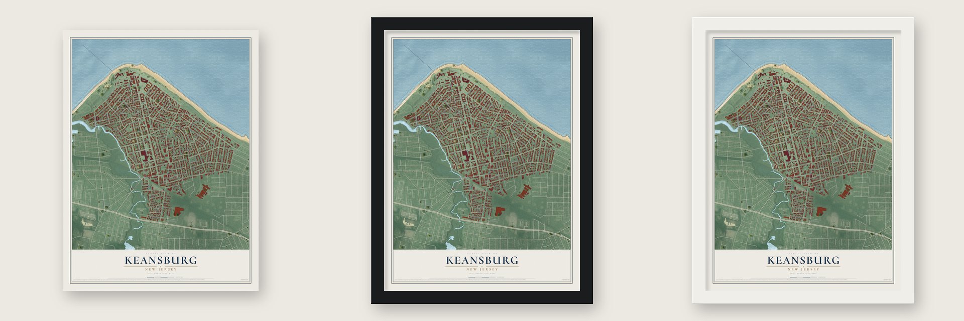 Keansburg, New Jersey map unframed, in a black wood frame and in a white wood frame