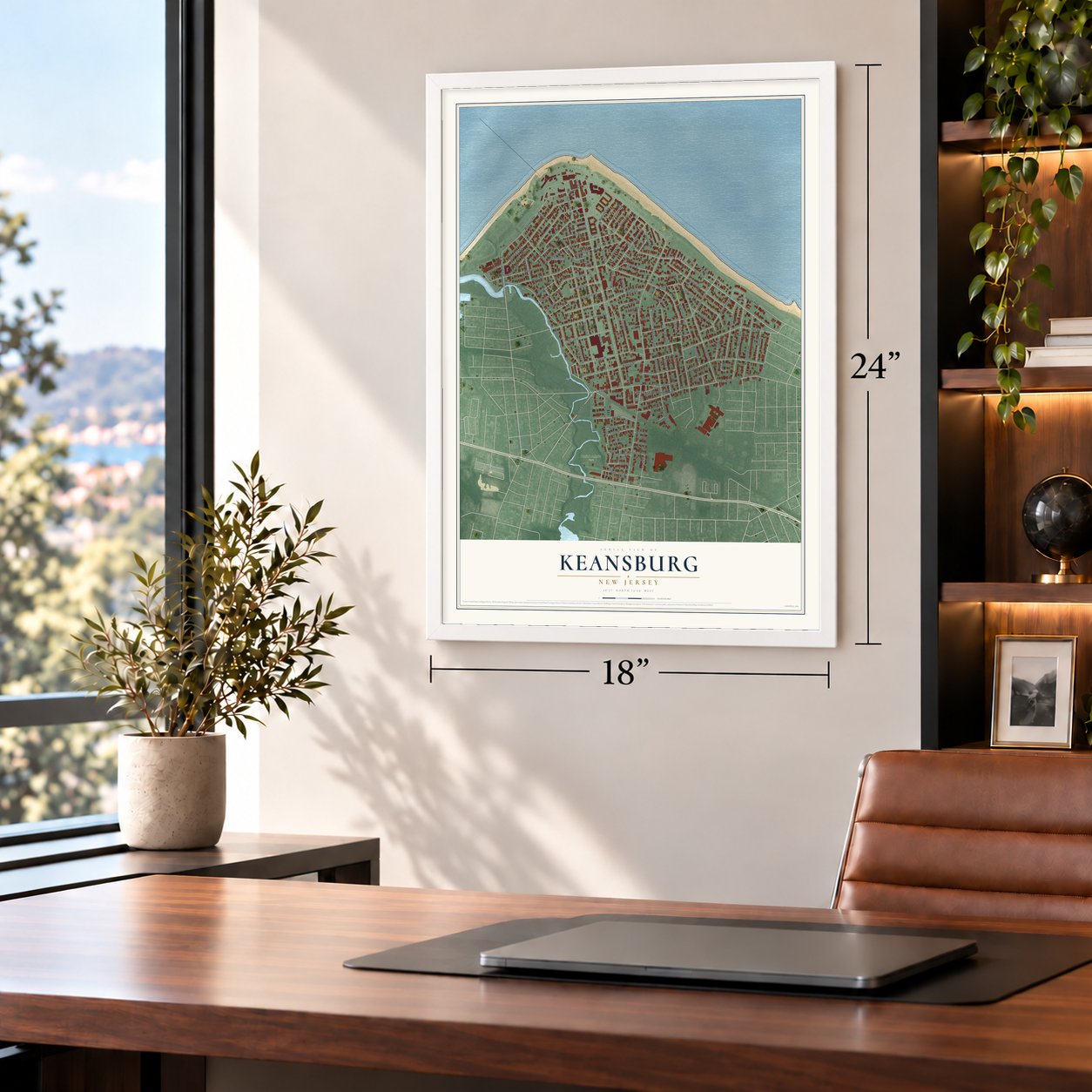 Keansburg, New Jersey map, 18 x 24 inch print in a white frame in a home office
