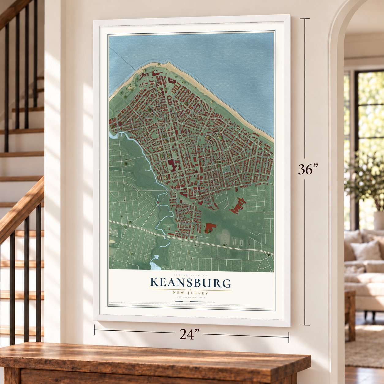 Keansburg, New Jersey map, 24 x 36 inch print in a white frame by a staircase