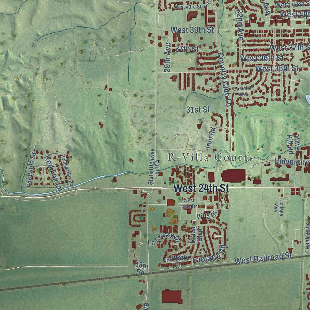 Second close-up of the map of Kearney, Nebraska print showing more streets and buildings