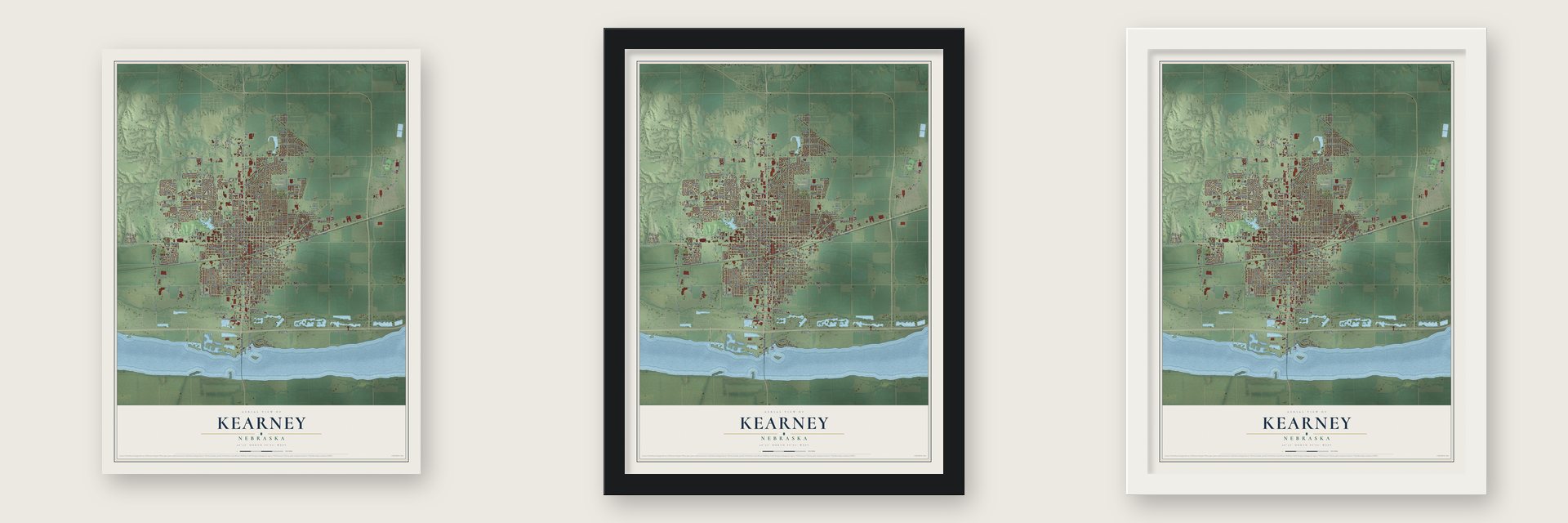 Kearney, Nebraska map unframed, in a black wood frame and in a white wood frame