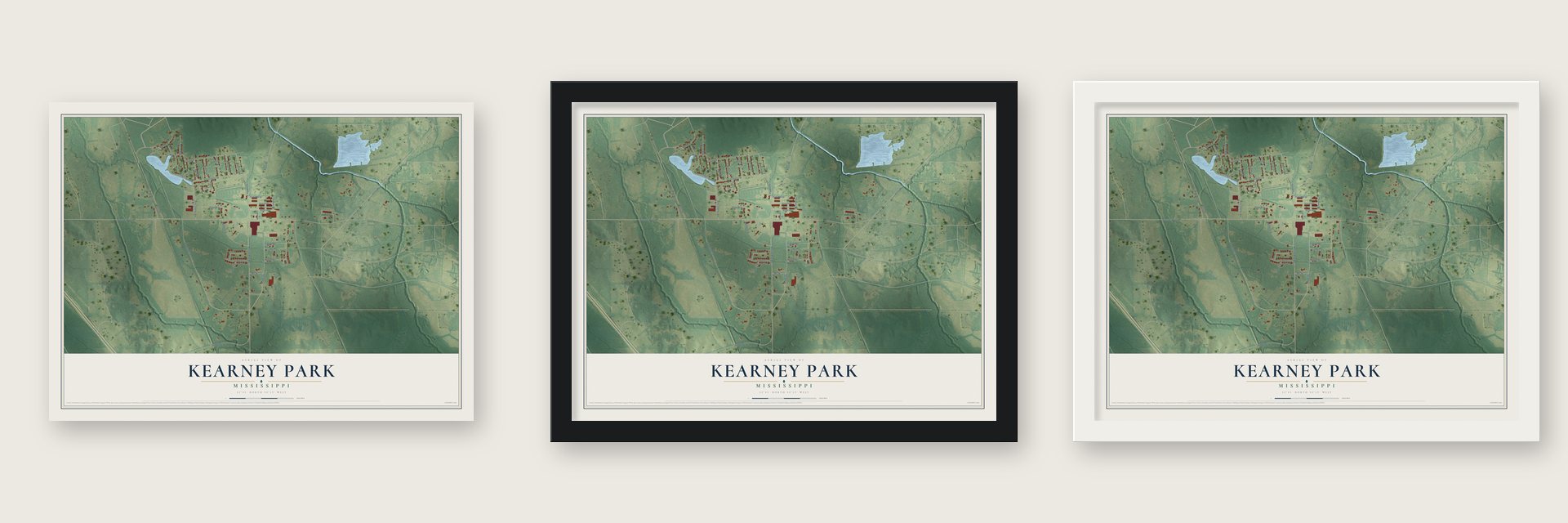 Kearney Park, Mississippi map unframed, in a black wood frame and in a white wood frame