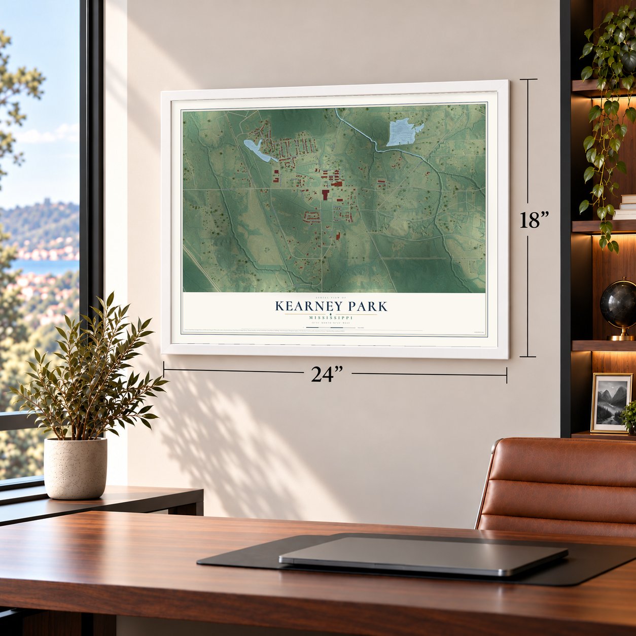 Kearney Park, Mississippi map, 18 x 24 inch print in a white frame in a home office