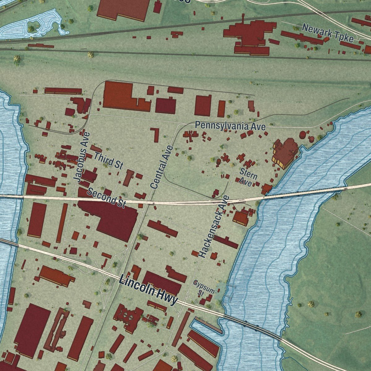 Second close-up of the map of Kearny, New Jersey print showing more streets and buildings