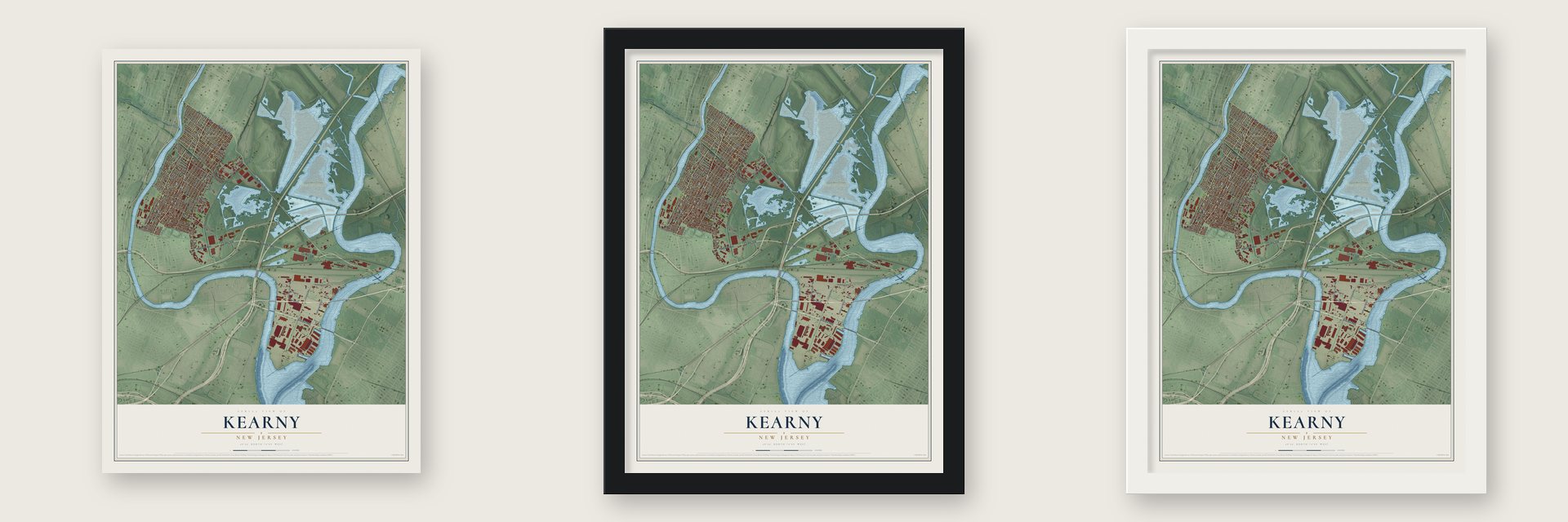 Kearny, New Jersey map unframed, in a black wood frame and in a white wood frame