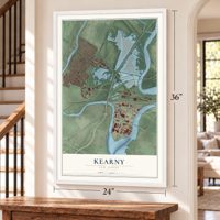 Kearny, New Jersey map, 24 x 36 inch print in a white frame by a staircase
