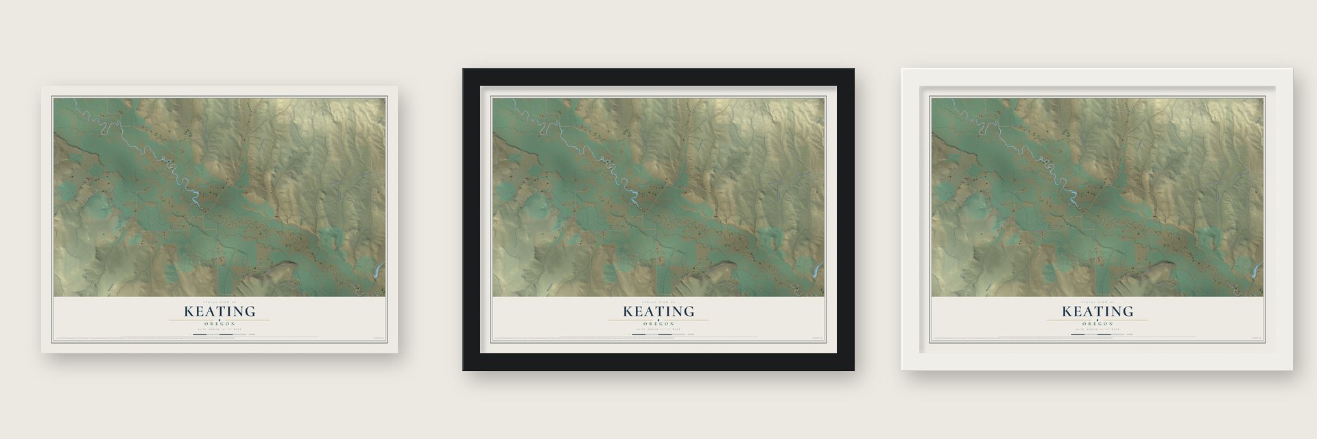 Keating, Oregon map unframed, in a black wood frame and in a white wood frame