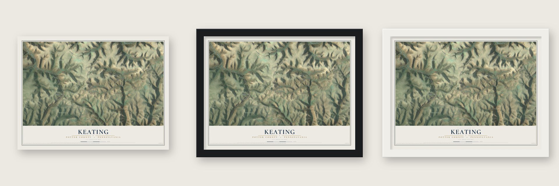 Keating, Potter County, Pennsylvania map unframed, in a black wood frame and in a white wood frame