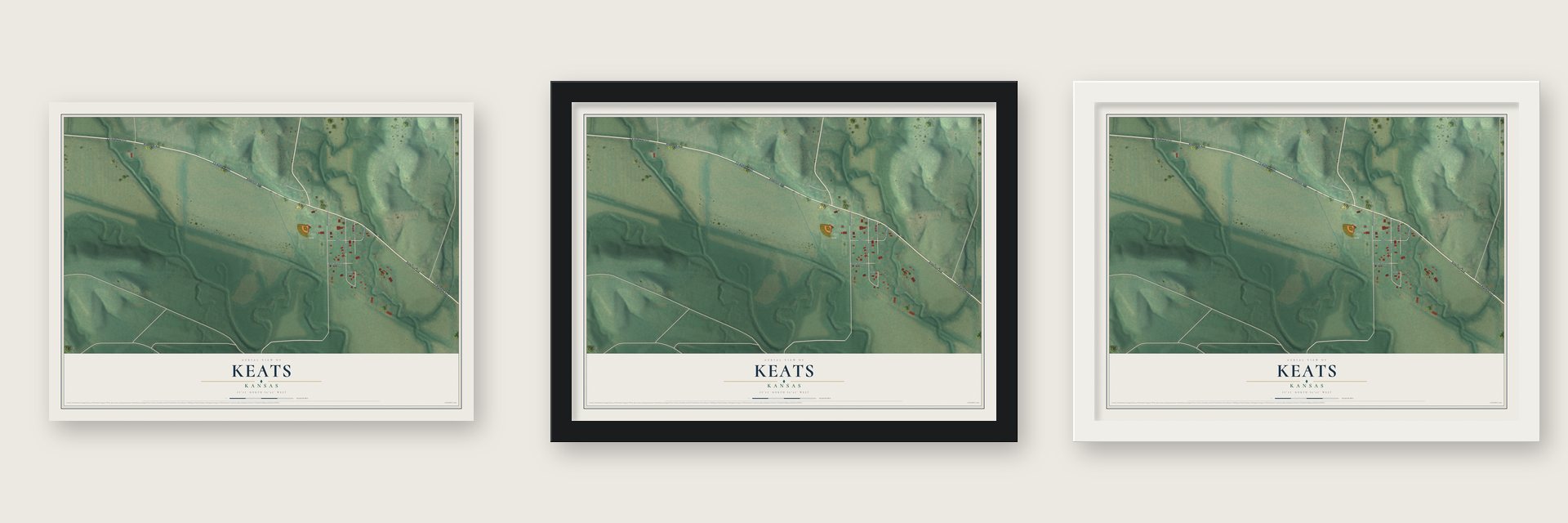 Keats, Kansas map unframed, in a black wood frame and in a white wood frame