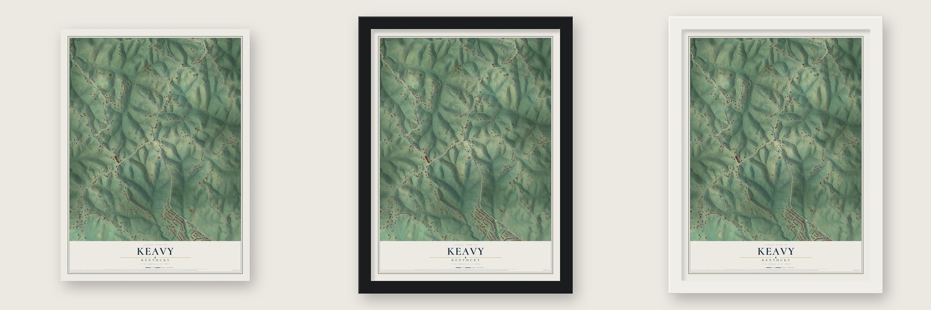 Keavy, Kentucky map unframed, in a black wood frame and in a white wood frame