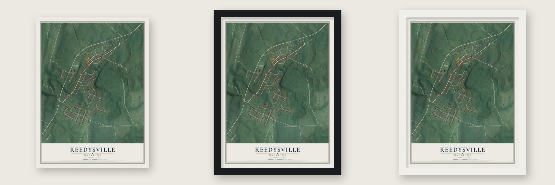 Keedysville, Maryland map unframed, in a black wood frame and in a white wood frame
