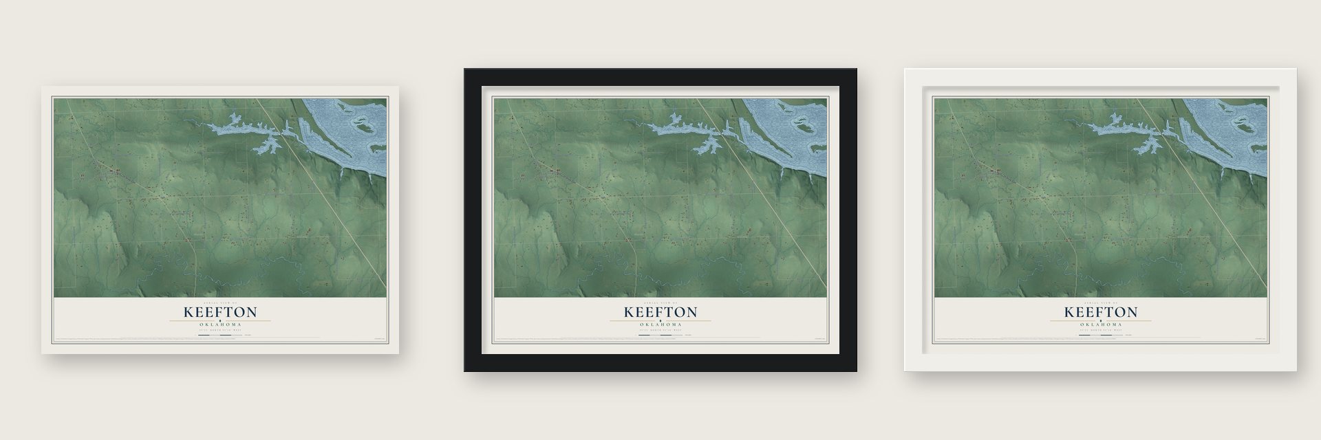 Keefton, Oklahoma map unframed, in a black wood frame and in a white wood frame