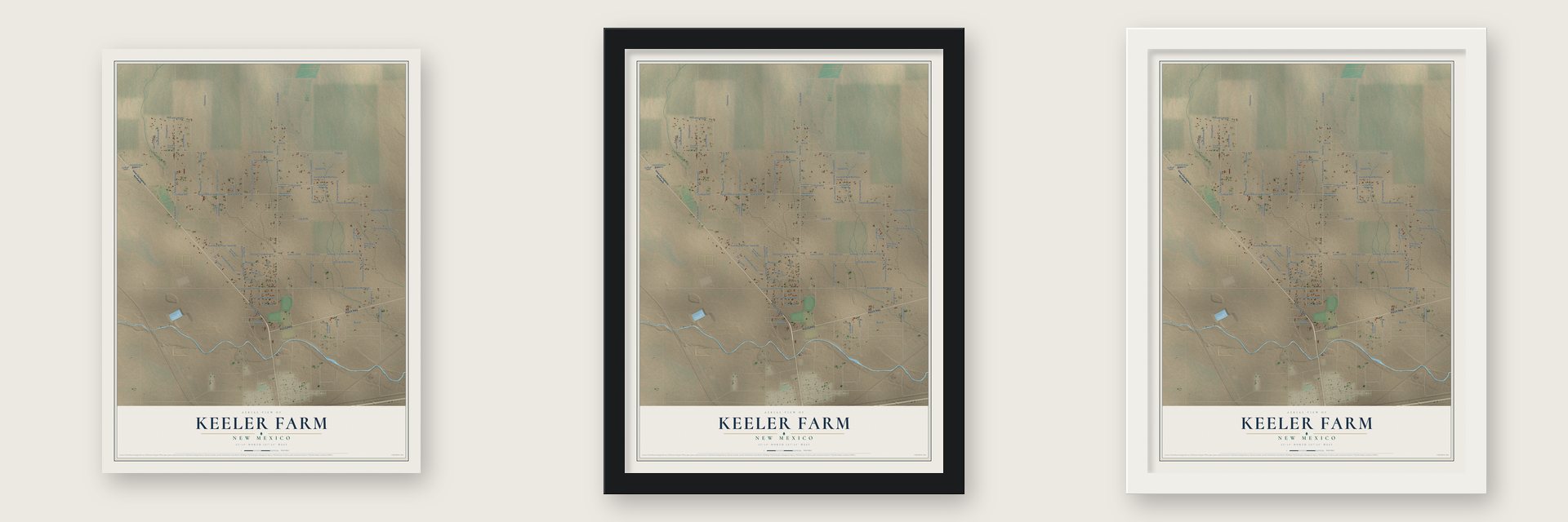 Keeler Farm, New Mexico map unframed, in a black wood frame and in a white wood frame