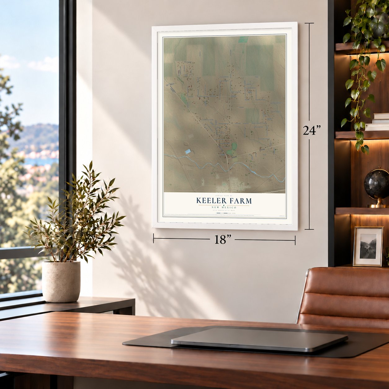 Keeler Farm, New Mexico map, 18 x 24 inch print in a white frame in a home office